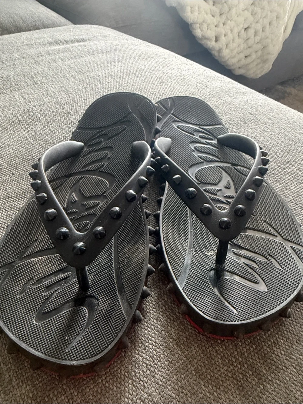 Christian Louboutin Black Studded Rubber Flip Flops